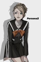 Rule 34 | 1girl, amikoiiko, black jacket, black sailor collar, black skirt, blonde hair, blue eyes, bow, collarbone, copyright name, highres, invisible chair, jacket, lisa silverman, looking to the side, orange bow, parted lips, persona, persona 2, sailor collar, school uniform, seven sisters high school uniform, short hair, sitting, skin tight, skirt, solo, watch, white background, white undershirt, wristwatch
