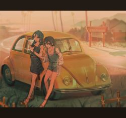 Rule 34 | 2girls, :d, beach, belt, black eyes, black hair, black skirt, blue hair, blurry, blurry foreground, brown eyes, car, cigarette, coat, cross-laced clothes, cross-laced skirt, cup, dawn, disposable cup, earrings, female focus, fence, fog, grass, hair between eyes, hand in pocket, highres, holding, holding cigarette, holding cup, house, jewelry, letterboxed, motor vehicle, multiple girls, necklace, open mouth, original, outdoors, overall shorts, overalls, palm tree, pyoko (cococecece), road, sandals, sign, skirt, smile, smoke, smoking, tree