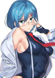 Rule 34 | 1girl, aqua eyes, ashiomi masato, black gloves, blue hair, breasts, closed mouth, dead or alive, dead or alive 6, fingerless gloves, glasses, gloves, hair ornament, leotard, looking at viewer, medium breasts, necktie, nico (doa), short hair, sideboob, simple background, solo, thumb ring, white background