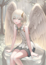 Rule 34 | 1boy, androgynous, angel, angel wings, bare arms, black bow, black bowtie, black shorts, blue eyes, bow, bowtie, commentary, day, earrings, feathered wings, feet out of frame, fingernails, forest, hair ornament, highres, jewelry, leaning forward, lips, looking at viewer, male focus, nail polish, nature, original, outdoors, parted lips, pink nails, rinmmo, rock, shirt, short hair, shorts, silver hair, sitting, sitting on rock, sleeveless, sleeveless shirt, solo, trap, wings