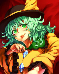 Rule 34 | 1girl, :p, breasts, female focus, gem, green eyes, green hair, hat, highres, komeiji koishi, large breasts, looking at viewer, matching hair/eyes, melon22, red background, short hair, solo, tongue, tongue out, touhou, upper body