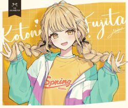 Rule 34 | 1girl, akakura, aqua jacket, blonde hair, blush, braid, character name, clothes writing, commentary request, fang, fujita kotone, gakuen idolmaster, hair ornament, hairclip, hands up, highres, holding, holding own hair, idolmaster, jacket, long sleeves, looking at viewer, low twin braids, multicolored clothes, multicolored jacket, open clothes, open jacket, open mouth, plaid, plaid background, puffy long sleeves, puffy sleeves, shirt, signature, skin fang, smile, solo, twin braids, upper body, yellow background, yellow eyes, yellow shirt