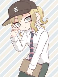 Rule 34 | 1girl, baseball cap, blonde hair, brown hat, closed mouth, collar, collared shirt, commentary, cowboy shot, eyelashes, grey eyes, grey necktie, hat, holding, holding notebook, inkling, inkling girl, inkling player character, inuowour, long necktie, medium hair, necktie, nintendo, notebook, red necktie, shirt, simple background, solo, splatoon (series), symbol-only commentary, two-tone necktie, white collar