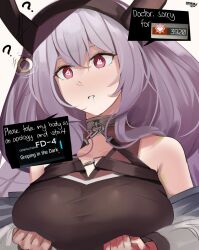 Rule 34 | 1girl, ?, @ @, arknights, breast lift, breasts, drooling, english text, eroborne, highres, horns, hypnosis, large breasts, long hair, mind control, pendulum, purple eyes, purple hair, screencap inset, signature, typhon (arknights)