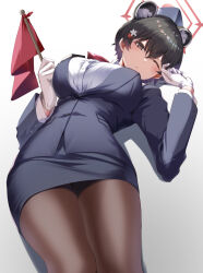 Rule 34 | 1girl, animal ears, black eyes, black hair, black hat, black skirt, blue archive, blush, breasts, brown pantyhose, buttons, closed mouth, extra ears, feet out of frame, flag, gloves, hair between eyes, hair ornament, halo, hat, highres, holding, holding flag, large breasts, long sleeves, looking at viewer, official alternate costume, one eye closed, pantyhose, red halo, shirt, short hair, skirt, solo, tsubaki (blue archive), tsubaki (guide) (blue archive), white gloves, white shirt, yu ni t