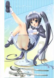 Rule 34 | 00s, 1girl, absurdres, akiyama mio, alto seneka, black hair, blue eyes, cup, fork, highres, in container, in cup, k-on!, legs, long hair, long legs, mary janes, mini person, minigirl, open mouth, shoes, solo, spoon, twintails, very long hair, waitress