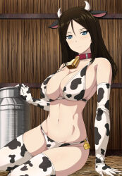 Rule 34 | 1girl, animal print, arm support, barn, bell, bikini, black hair, blue eyes, breasts, cleavage, closed mouth, collar, collarbone, cow print, cowbell, elbow gloves, girls und panzer, gloves, highres, indoors, inoshira, jug (bottle), large breasts, long hair, looking at viewer, navel, neck bell, nonna (girls und panzer), sitting, solo, swimsuit