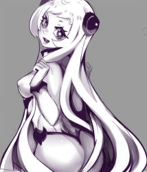 Rule 34 | 10s, 1girl, abyssal ship, airfield princess, ass, breasts, covered erect nipples, grey background, horns, kantai collection, long hair, looking at viewer, looking back, monochrome, open mouth, sho-n-d, simple background, sketch, smile, solo, very long hair