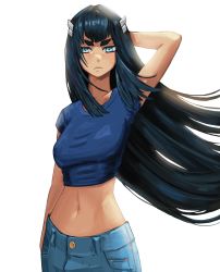 Rule 34 | 1girl, absurdres, alternate costume, arm at side, arm up, backlighting, black hair, blue eyes, blue hair, blunt bangs, breasts, casual, closed mouth, crop top, dark blue hair, denim, expressionless, floating hair, hair ornament, hair strand, hairclip, hand on own head, highres, jeans, kill la kill, kiryuuin satsuki, lips, long hair, looking at viewer, medium breasts, midriff, narrow waist, navel, pants, shade, short sleeves, sidelocks, simple background, slit pupils, solo, straight hair, tefi blum, thick eyebrows, thick lips, tsurime, upper body, very long hair, white background
