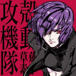 Rule 34 | 1girl, bad id, bad twitter id, breasts, eyelashes, ghost in the shell, ghost in the shell stand alone complex, juu satoshi, kusanagi motoko, lipstick, makeup, midriff, popped collar, purple hair, red background, red eyes, short hair, solo, zipper