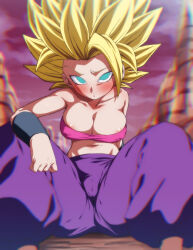 Rule 34 | 1girl, aqua eyes, areola slip, bandeau, blonde hair, blush, breasts, caulifla, cleavage, closed mouth, cloud, collarbone, covered erect nipples, dragon ball, dragon ball super, large breasts, looking at viewer, pants, purple pants, red sky, rom (20), short hair, sky, solo, straight-on, super saiyan
