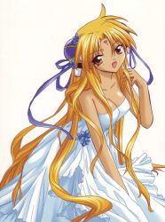 Rule 34 | 00s, 1girl, absurdres, blonde hair, breasts, brown eyes, cleavage, dress, facial mark, forehead mark, galaxy angel, gloves, hair ornament, hairclip, highres, long hair, looking at viewer, open mouth, ranpha franboise, simple background, smile, solo, very long hair, wedding dress, white background