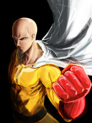 Rule 34 | 1boy, bald, black background, cape, clenched hand, frown, gloves, male focus, nekomamire, one-punch man, red gloves, saitama (one-punch man), simple background, solo, white cape