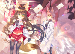 Rule 34 | 2girls, animal ears, bell, neck bell, black legwear, bow, brown hair, choker, detached sleeves, elbow gloves, envelope, fox ears, fox tail, glasses, gloves, green eyes, hair bow, highres, indoors, japanese clothes, lab coat, long hair, looking at another, looking at viewer, miko, multiple girls, multiple tails, off shoulder, original, ponytail, red eyes, saichuu, silver hair, tail, thighhighs, walking