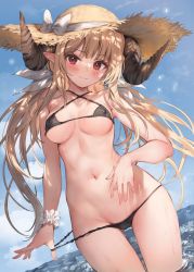 Rule 34 | 1girl, bikini, black bikini, closed mouth, hat, highres, horns, looking at viewer, navel, original, parsley-f, partially submerged, pointy ears, red eyes, solo, straw hat, swimsuit, wading, water, wet