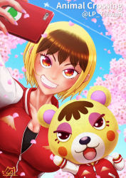 Rule 34 | 1girl, animal ears, artist name, bear, bear ears, blonde hair, blush, breasts, brown hair, cellphone, cherry blossoms, cleavage, copyright name, animal crossing, large breasts, lp taiwan, makeup, multicolored hair, nail polish, nintendo, open mouth, personification, phone, red eyes, sky, solo, tammy (animal crossing), teeth, two-tone hair