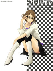 Rule 34 | 1girl, adjusting eyewear, black thighhighs, boots, checkered background, checkered clothes, checkered panties, english text, fashion, folded ponytail, frown, glasses, high heel boots, high heels, original, panties, pantyshot, sitting, skirt, solo, thighhighs, underwear, yoshito