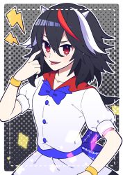 Rule 34 | 1girl, absurdres, black background, black hair, blue bow, blue bowtie, border, bow, bowtie, bracelet, cone horns, dress, gradient background, hair between eyes, highres, horns, jewelry, kijin seija, lightning bolt symbol, looking at viewer, multicolored hair, open mouth, red eyes, red hair, short hair, short sleeves, smile, solo, streaked hair, tongue, tongue out, touhou, upper body, white border, white dress, white hair, yoriteruru