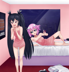 Rule 34 | 10s, 2girls, barrel, black hair, blush, breasts, clothes on floor, cup, d-pad, drinking glass, full-face blush, hair ornament, highres, hotel room, imminent penetration, jiffic, long hair, lying, multiple girls, naked towel, neptune (neptunia), neptune (series), noire (neptunia), on bed, on side, pink hair, pink towel, red eyes, short hair, shy, small breasts, smile, sunglasses, towel, twintails, very long hair, wine glass, yuri
