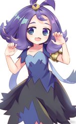 Rule 34 | 1girl, :3, acerola (pokemon), armlet, blue eyes, collarbone, commentary request, creatures (company), dress, eyelashes, game freak, hands up, highres, medium hair, meyamu, multicolored clothes, multicolored dress, nintendo, open mouth, pokemon, pokemon sm, purple hair, short sleeves, smile, solo, stitches, tongue, topknot, white background
