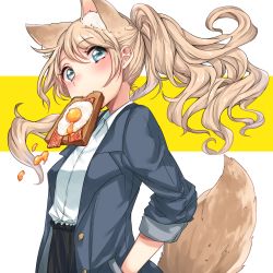 Rule 34 | 1girl, animal ears, aqua eyes, bacon, blonde hair, blush, bread slice, dog ears, dog tail, egg (food), fang, food, food in mouth, fried egg, hands in pockets, highres, long hair, looking at viewer, mouth hold, original, ponytail, simple background, sleeves rolled up, solo, tail, toast, toast in mouth, umeno (shio1205)