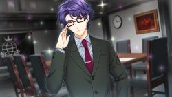 Rule 34 | 1boy, adjusting eyewear, alternate costume, alternate hairstyle, asymmetrical bangs, bespectacled, dutch angle, formal, game cg, glasses, highres, indoors, male focus, necktie, non-web source, official art, purple hair, rapp (senjuushi), red eyes, red necktie, senjuushi: the thousand noble musketeers, senjuushi (series), shirt, short hair, solo, sparkle, striped clothes, striped shirt, suit, vertical-striped clothes, vertical-striped shirt