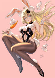 Rule 34 | 1girl, :o, ahoge, animal ears, artist name, banned artist, bare shoulders, black footwear, blonde hair, blue eyes, blush, breasts, brown pantyhose, rabbit hair ornament, carrot, cleavage, clothing cutout, commentary, full body, hair ornament, high heels, highres, holding, large breasts, leotard, long hair, looking at viewer, midori foo, multicolored eyes, navel, navel cutout, open mouth, orange eyes, original, pantyhose, pink background, playboy bunny, rabbit, rabbit ears, rabbit girl, rabbit tail, simple background, solo, tail, very long hair, wrist cuffs