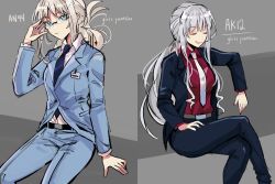 Rule 34 | 2girls, :d, ak-12 (girls&#039; frontline), ak-12 (lucia) (girls&#039; frontline), an-94 (antje) (girls&#039; frontline), an-94 (girls&#039; frontline), belt, black belt, black jacket, black pants, blazer, blue jacket, blue neckwear, blue pants, blue shirt, blue suit, closed eyes, closed mouth, coll (erichankun), collared shirt, folded hair, formal, girls&#039; frontline, glasses, grey background, hand up, id card, jacket, long hair, looking at viewer, multiple girls, open clothes, open jacket, open mouth, pants, platinum blonde hair, red shirt, shirt, sidelocks, sitting, smile, suit, white neckwear, white shirt
