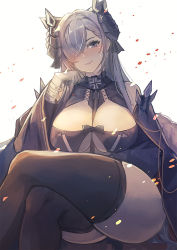 Rule 34 | 1girl, ass, august von parseval (azur lane), azur lane, bare shoulders, black cape, black thighhighs, breasts, cape, cleavage, cross, crossed legs, curled horns, floating, gloves, hair over one eye, horns, iron cross, large breasts, mechanical horns, purple eyes, purple hair, sea nami, simple background, solo, thighhighs, white background, white gloves