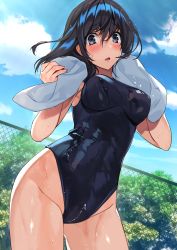 Rule 34 | 1girl, absurdres, black eyes, black hair, black one-piece swimsuit, blue sky, breasts, chain-link fence, cloud, comeo (komeo15), commentary request, contrapposto, cowboy shot, crotch zipper, day, fence, from below, highres, long hair, looking at viewer, medium breasts, new school swimsuit, one-piece swimsuit, original, outdoors, school swimsuit, sky, solo, standing, swimsuit, towel, towel around neck, tree, wet, wet clothes, wet swimsuit, white towel, zipper, zipper pull tab