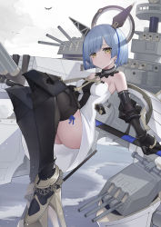 Rule 34 | + +, 1girl, absurdres, armored boots, artillery, ass, azur lane, bare shoulders, black dress, black footwear, blue hair, boots, breasts, cross, cross necklace, detached collar, dress, floating headgear, gascogne (azur lane), gauntlets, halo, headgear, highres, holding, holding cross, jewelry, knee boots, mechanical ears, mechanical halo, medium breasts, necklace, outdoors, rigging, shian-chu, short hair, solo, strapless, strapless dress, thighhighs, thighhighs under boots, turret, two-tone dress, white dress, yellow eyes