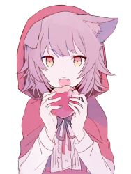 Rule 34 | 1girl, animal ears, apple, bad id, bad twitter id, cape, eating, fangs, food, fruit, holding, holding food, holding fruit, hood, hooded jacket, jacket, looking at viewer, mizuki (koko lost), open mouth, original, pink hair, red hood, short hair, simple background, solo, teeth, upper body, white background, wolf ears, yellow eyes