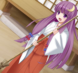 Rule 34 | 1girl, bad id, bad pixiv id, bamboo broom, broom, crescent, crescent hair ornament, dutch angle, female focus, hair ornament, hakama, hakama skirt, hukkaa, japanese clothes, long hair, miko, mrtaa, patchouli knowledge, purple eyes, purple hair, red hakama, skirt, solo, touhou