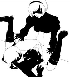 Rule 34 | 1boy, 1girl, 2b (nier:automata), 9s (nier:automata), anal, android, black blindfold, black gloves, black hairband, blindfold, blush, boots, bottomless, feather-trimmed sleeves, foreskin, futa with male, futanari, gloves, greyscale, hairband, khexxi, leg grab, legs up, long sleeves, lying, male penetrated, missionary, monochrome, navel, nier:automata, nier (series), on back, open mouth, pegging, penis, perineum, precum, puffy long sleeves, puffy sleeves, sex, short hair, simple background, spread legs, teeth, testicles, uncensored, upper teeth only, white background, white hair