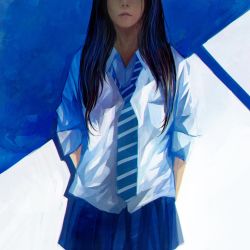 Rule 34 | 1girl, arms behind back, black hair, blouse, blue background, blue necktie, blue skirt, collared shirt, diagonal stripes, head out of frame, highres, long hair, necktie, original, pleated skirt, shirt, skirt, sleeves rolled up, solo, standing, striped necktie, striped neckwear, two-tone background, wataboku, white background, white shirt, wing collar