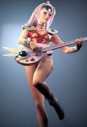 Rule 34 | 1girl, 3d, ahoge, bass guitar, boots, choker, commentary, concert, english commentary, fire bomber, green eyes, headgear, highres, instrument, leotard, luissantander, macross, macross 7, music, mylene jenius, pink hair, playing instrument, pointy ears, realistic, science fiction, shoulder pads, solo, uniform, wristband