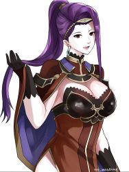 Rule 34 | 1girl, absurdres, asymmetrical hair, black gloves, breasts, brown eyes, circlet, cleavage, cloak, earrings, fire emblem, fire emblem echoes: shadows of valentia, fire emblem heroes, gloves, highres, jewelry, nintendo, open mouth, playing with own hair, purple hair, side slit, solo, sonya (fire emblem gaiden), tommy (kingdukeee), white background