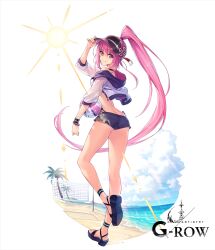 Rule 34 | 1girl, ball, beach, beachball, bikini, bikini under clothes, blue footwear, closed mouth, cloud, dare ga tame no alchemist, from behind, full body, hand up, highres, long hair, looking at viewer, looking back, no socks, official alternate costume, official art, palm tree, pink eyes, pink hair, ponytail, sandals, short shorts, shorts, smile, solo, standing, standing on one leg, sun, suzuka (dare ga tame no alchemist), swimsuit, tree, very long hair, visor cap