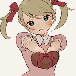 Rule 34 | 1girl, ana (mother), bad anatomy, bad arm, blue eyes, blush, box, brown hair, collared dress, dress, foreshortening, giving, hair ribbon, heart-shaped box, holding, holding box, looking at viewer, lower teeth only, mother (game), mother 1, nintendo, open mouth, pink dress, red ribbon, ribbon, shifumame, solo, teeth