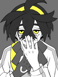 Rule 34 | 1boy, absurdres, ahoge, bags under eyes, commentary request, creatures (company), crossed bangs, crying, crying with eyes open, dark, dripping eye, evil smile, game freak, gloves, grey background, hair between eyes, hairband, highres, jacket, kieran (pokemon), kyouka. (kyouka), lower teeth only, male focus, monochrome, nintendo, open mouth, partially fingerless gloves, pokemon, pokemon sv, shirt, short hair, single glove, smile, strap, tears, teeth, yellow eyes, yellow hairband