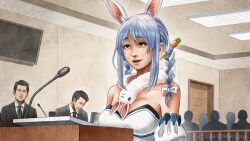Rule 34 | 1girl, 2boys, 5others, animal ears, asian, black eyes, black hair, blue hair, blue necktie, bow, braid, breasts, brown eyes, carrot hair ornament, commentary request, courtroom, crying, detached sleeves, don-chan (usada pekora), door, empty eyes, enomoto yoshitaka, food-themed hair ornament, formal, frown, hair bow, hair ornament, highres, hololive, medium breasts, multicolored hair, multiple boys, multiple others, necktie, open mouth, podium, rabbit ears, rabbit girl, red necktie, sidelocks, sleepy, smile, streaming tears, suit, tears, television, twin braids, two-tone hair, usada pekora, usada pekora (1st costume), virtual youtuber, watermark, white hair