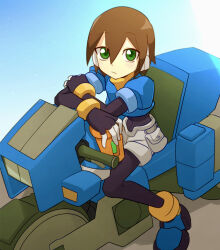 Rule 34 | 1girl, aile (mega man zx), black bodysuit, blue jacket, bodysuit, bodysuit under clothes, brown hair, cropped jacket, cup, full body, green eyes, highres, holding, holding cup, jacket, light, looking at viewer, mega man (series), mega man zx, motor vehicle, motorcycle, omeehayo, robot ears, shorts, solo, white shorts