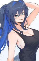 Rule 34 | 1girl, absurdres, arm behind head, arm up, black hair, blue eyes, blue hair, breasts, cleavage, collarbone, hair intakes, highres, hololive, hololive english, large breasts, long hair, looking at viewer, multicolored hair, nokaa aru, ouro kronii, ponytail, sideboob, smile, solo, tongue, tongue out, upper body, virtual youtuber