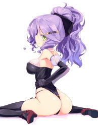Rule 34 | 1girl, ass, black thighhighs, bow, breasts, chandelure, costume, covered erect nipples, creatures (company), elbow gloves, game freak, gen 5 pokemon, gloves, green eyes, hair bow, hair ornament, hairclip, heart, highres, homura subaru, large breasts, looking back, md5 mismatch, nintendo, personification, pokemon, ponytail, purple hair, simple background, smile, solo, thighhighs, white background