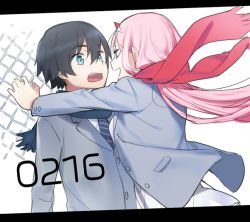 Rule 34 | 10s, 1boy, 1girl, black hair, couple, darling in the franxx, face-to-face, grey scarf, hiro (darling in the franxx), horns, hug, long hair, looking at another, necktie, pink hair, red scarf, scarf, school uniform, short hair, striped neckwear, toma (norishio), zero two (darling in the franxx)