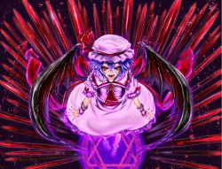 Rule 34 | 1girl, bad id, bad pixiv id, bat wings, blue hair, daishou, female focus, from above, hat, magic circle, open mouth, purple eyes, remilia scarlet, short hair, solo, touhou, wings, wrist cuffs, wristband