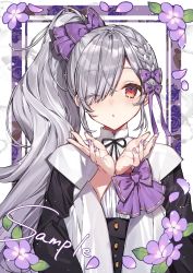 Rule 34 | 1girl, black jacket, bow, braid, commentary request, eyes visible through hair, flower, grey hair, hair bow, hair over one eye, hanagata, hands up, highres, jacket, lilly lilium, long hair, long sleeves, looking at viewer, nail polish, one eye closed, parted lips, petals, purple bow, purple flower, purple nails, red eyes, sample watermark, shirt, side ponytail, solo, upper body, very long hair, watashi no oshi wa akuyaku reijou, watermark, white shirt, wide sleeves