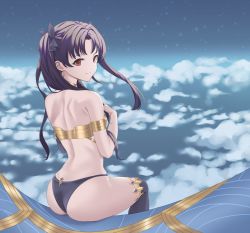 Rule 34 | absurdres, ass, bikini, black hair, cloud, earrings, fate/grand order, fate (series), floating, from behind, gold trim, highres, hoop earrings, ishtar (fate), jewelry, long hair, looking at viewer, looking back, mismatched bikini, neck ring, red eyes, rita (arumhh), sitting, sky, solo, star (sky), starry sky, swimsuit, thighhighs, twintails, two side up