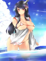 Rule 34 | 10s, 1girl, adapted costume, areola slip, bikini, black hair, breast hold, breasts, clothes down, cloud, cloudy sky, covered erect nipples, day, en (paorasuteki), floral print, fusou (kancolle), highres, kantai collection, large breasts, looking at viewer, micro bikini, red eyes, revealing clothes, sky, solo, standing, standing on liquid, swimsuit, water