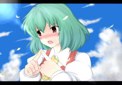 Rule 34 | 1girl, ascot, bad id, bad pixiv id, blush, cloud, day, eyebrows, female focus, fingers together, green hair, hazumu ran, index fingers together, kazami yuuka, letterboxed, looking at another, open mouth, outdoors, puffy sleeves, red eyes, shirt, short hair, sky, solo, tears, touhou, tsundere, white shirt, yellow ascot